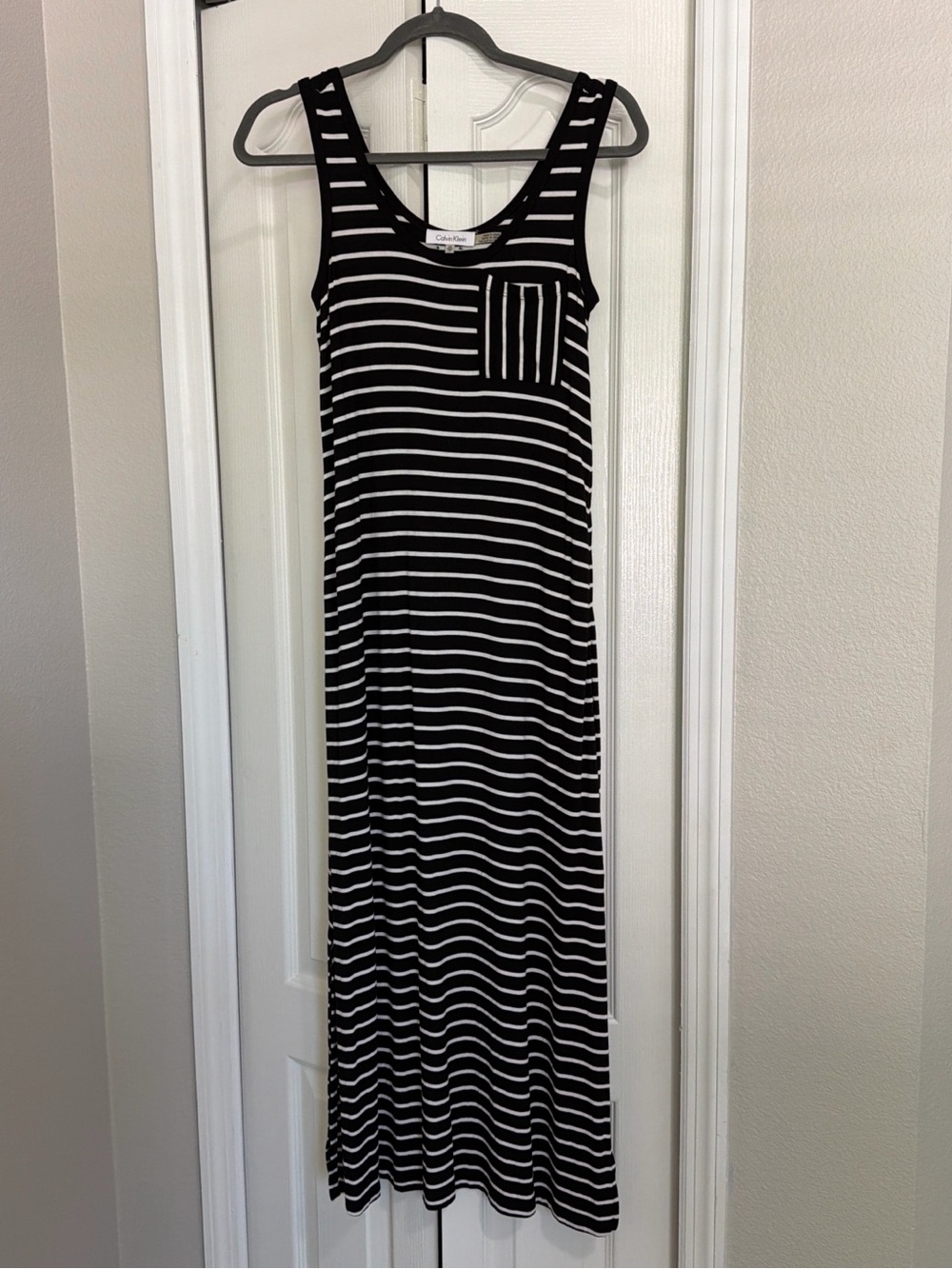 Calvin Klein Black & White Striped Tank Maxi Dress with Pocket